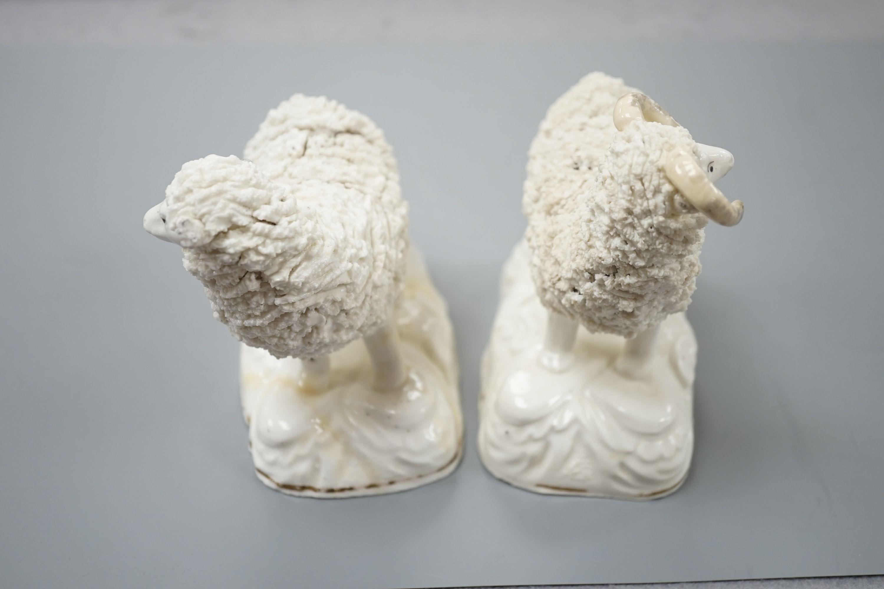 A pair of large Staffordshire porcelain figures of a ewe and a ram, c.1835–50, 10.5 and 11 cm high, Provenance: Dennis G.Rice collection